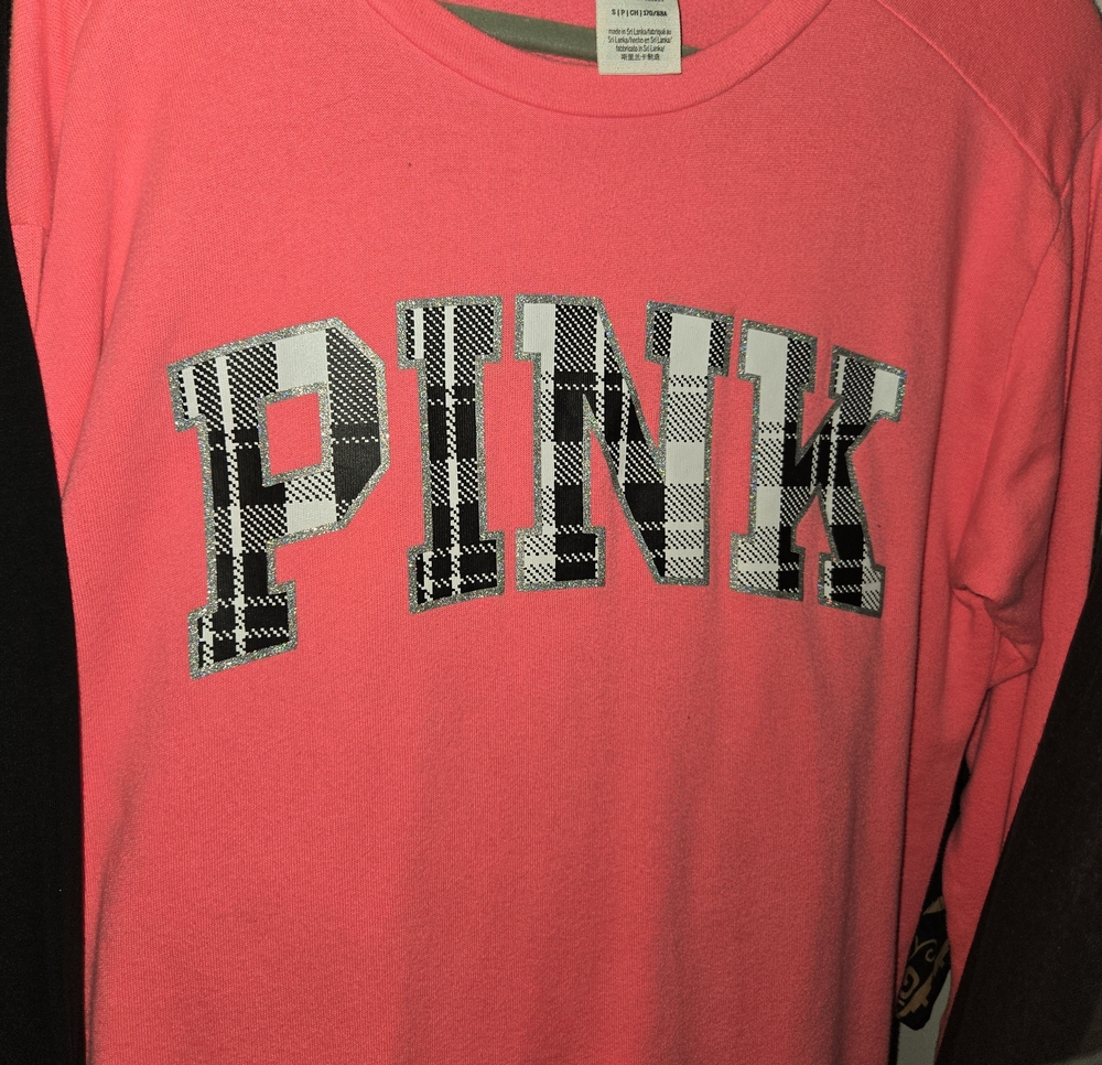 PINK Coral Pullover with Plaid Lettering